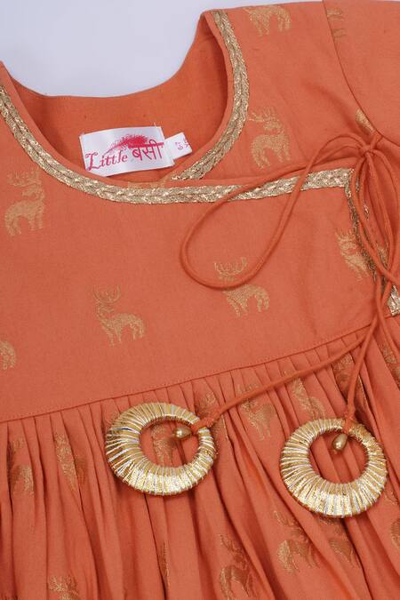Buy_Little Bansi_Orange Cotton Embroidery Reindeer Woven Angarkha Set