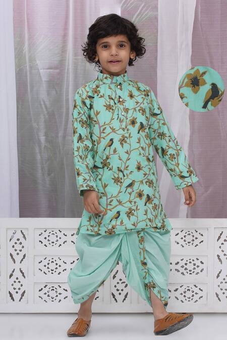 Shop Little Bansi Green Cotton Embroidery Floral And Bird Kurta Set Online at Aza Fashions Shop_Little Bansi_Green Cotton Embroidery Floral And Bird Kurta Set _Online_at_Aza_Fashions