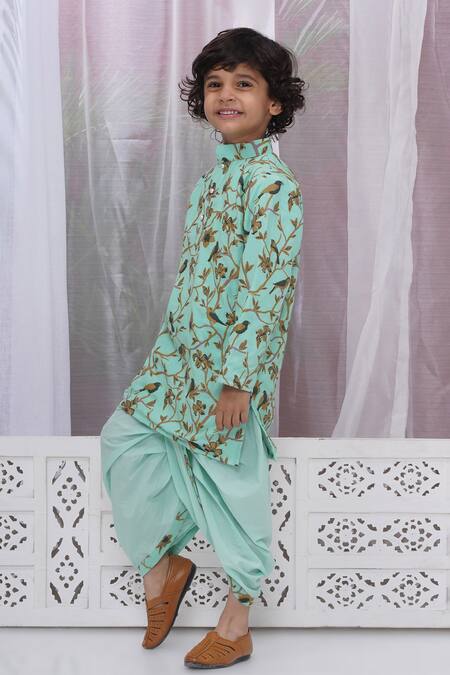 Little Bansi Green Cotton Embroidery Floral And Bird Kurta Set at Aza Fashions Little Bansi_Green Cotton Embroidery Floral And Bird Kurta Set _at_Aza_Fashions