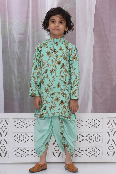 Buy Little Bansi Green Cotton Embroidery Floral And Bird Kurta Set Buy_Little Bansi_Green Cotton Embroidery Floral And Bird Kurta Set
