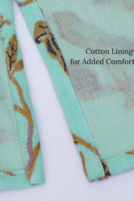 Shop Little Bansi Green Cotton Embroidery Floral And Bird Kurta Set Shop_Little Bansi_Green Cotton Embroidery Floral And Bird Kurta Set