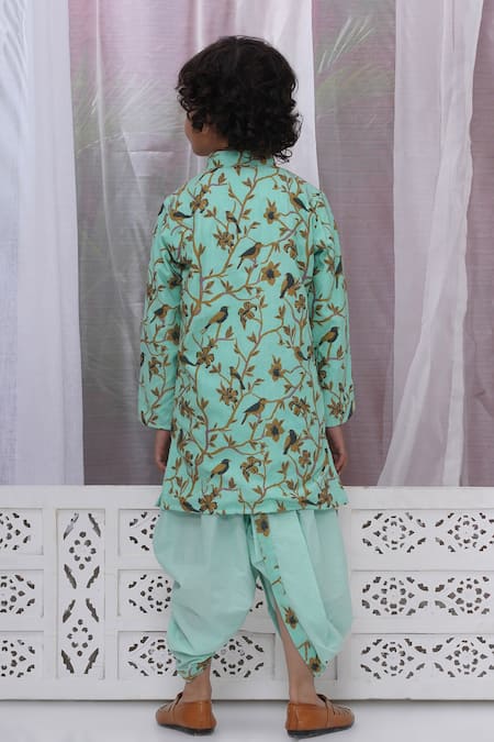 Shop Little Bansi Green Cotton Embroidery Floral And Bird Kurta Set at Aza Fashions Shop_Little Bansi_Green Cotton Embroidery Floral And Bird Kurta Set _at_Aza_Fashions