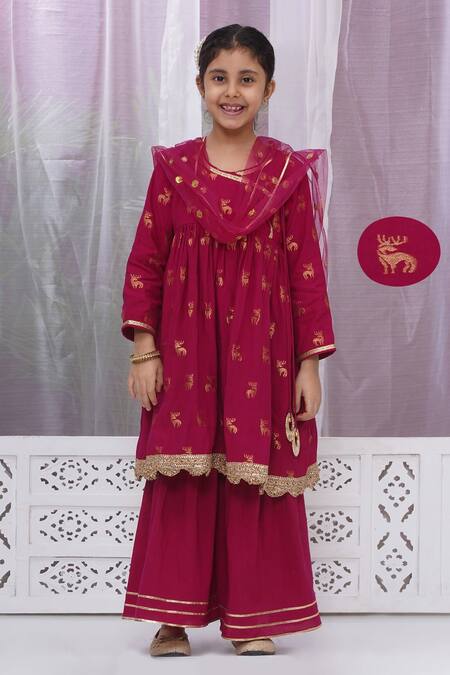 Buy Little Bansi Red Cotton Sequins, Embroidery Reindeer Woven Angarkha Set With Sharara Online at Aza Fashions Buy_Little Bansi_Red Cotton Sequins, Embroidery Reindeer Woven Angarkha Set With Sharara_Online_at_Aza_Fashions