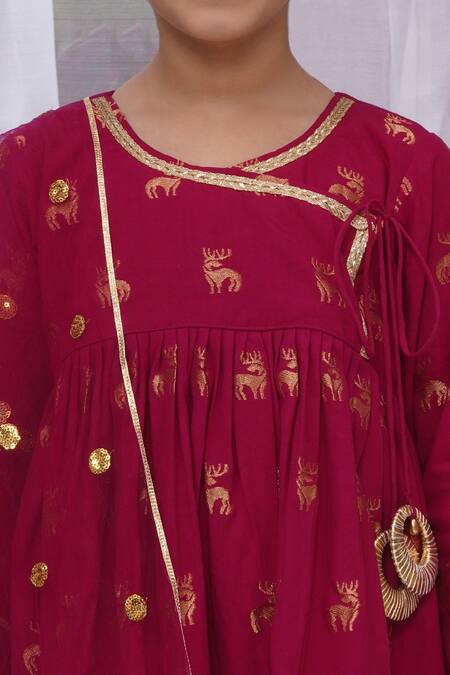 Shop Little Bansi Red Cotton Sequins, Embroidery Reindeer Woven Angarkha Set With Sharara Online at Aza Fashions Shop_Little Bansi_Red Cotton Sequins, Embroidery Reindeer Woven Angarkha Set With Sharara_Online_at_Aza_Fashions