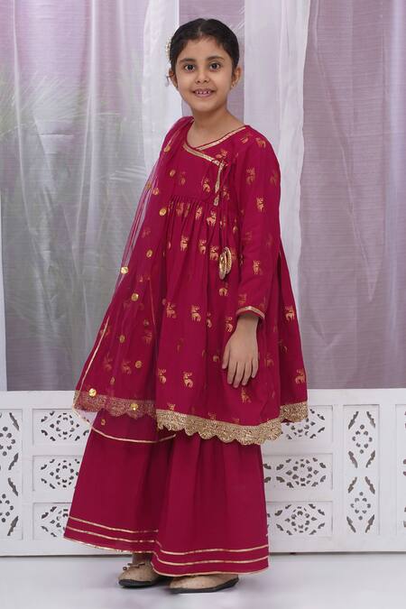 Little Bansi Red Cotton Sequins, Embroidery Reindeer Woven Angarkha Set With Sharara at Aza Fashions Little Bansi_Red Cotton Sequins, Embroidery Reindeer Woven Angarkha Set With Sharara_at_Aza_Fashions
