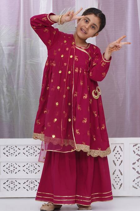 Buy Little Bansi Red Cotton Sequins, Embroidery Reindeer Woven Angarkha Set With Sharara Buy_Little Bansi_Red Cotton Sequins, Embroidery Reindeer Woven Angarkha Set With Sharara