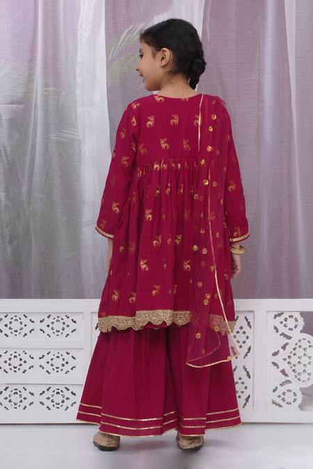 Shop Little Bansi Red Cotton Sequins, Embroidery Reindeer Woven Angarkha Set With Sharara at Aza Fashions Shop_Little Bansi_Red Cotton Sequins, Embroidery Reindeer Woven Angarkha Set With Sharara_at_Aza_Fashions