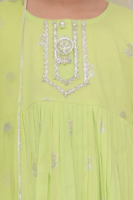 Little Bansi_Green Cotton Zari Embroidered Kurta Set_at_Aza_Fashions
