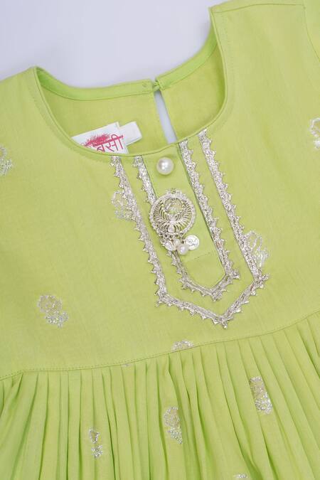 Buy_Little Bansi_Green Cotton Zari Embroidered Kurta Set