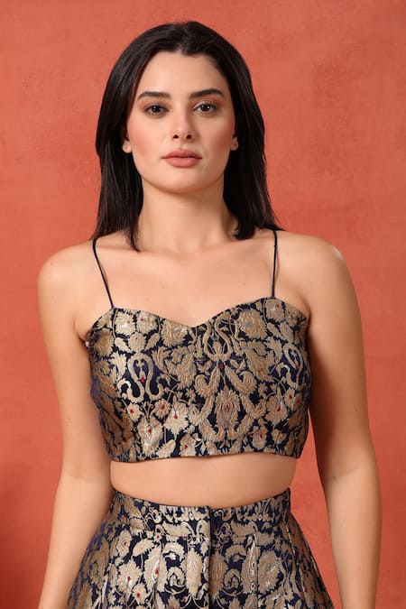 Soniya G_Navy Brocade Embroidery Sweetheart , Open Blue Floral Palazzo Set _Online_at_Aza_Fashions