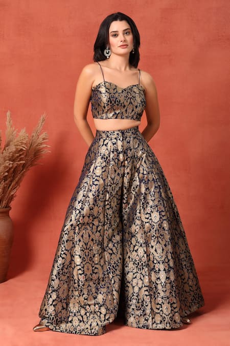 Buy_Soniya G_Navy Brocade Embroidery Sweetheart , Open Blue Floral Palazzo Set _Online_at_Aza_Fashions