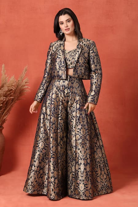 Soniya G_Navy Brocade Embroidery Sweetheart , Open Blue Floral Palazzo Set _at_Aza_Fashions