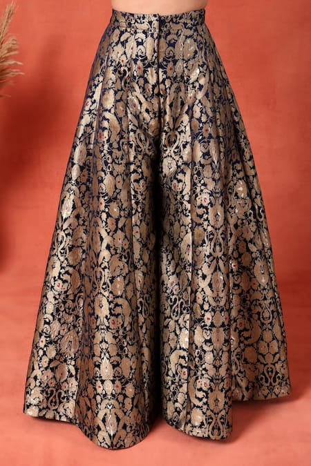 Buy_Soniya G_Navy Brocade Embroidery Sweetheart , Open Blue Floral Palazzo Set 