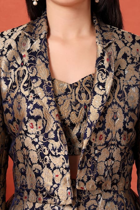 Shop_Soniya G_Navy Brocade Embroidery Sweetheart , Open Blue Floral Palazzo Set 