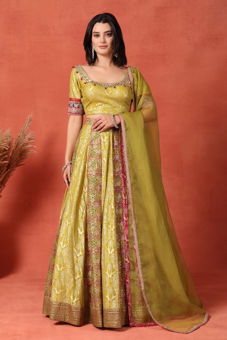 Soniya G_Yellow Silk, Brocade Beads, Metallic Thread Scoop Foil Work Kalidar Lehenga Set _Online_at_Aza_Fashions