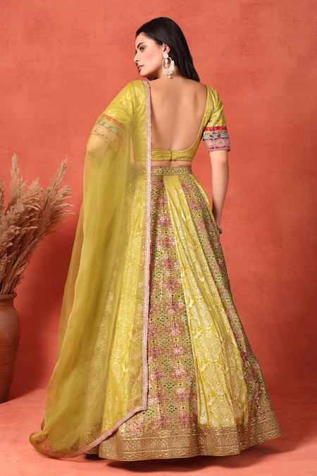Shop_Soniya G_Yellow Silk, Brocade Beads, Metallic Thread Scoop Foil Work Kalidar Lehenga Set _at_Aza_Fashions