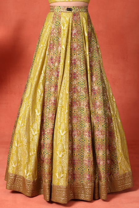 Buy_Soniya G_Yellow Silk, Brocade Beads, Metallic Thread Scoop Foil Work Kalidar Lehenga Set _Online_at_Aza_Fashions