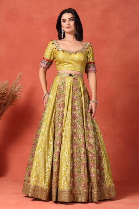 Shop_Soniya G_Yellow Silk, Brocade Beads, Metallic Thread Scoop Foil Work Kalidar Lehenga Set _Online_at_Aza_Fashions