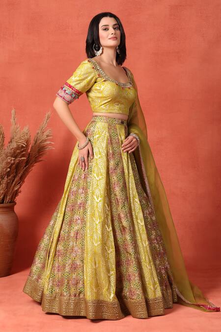 Buy_Soniya G_Yellow Silk, Brocade Beads, Metallic Thread Scoop Foil Work Kalidar Lehenga Set 