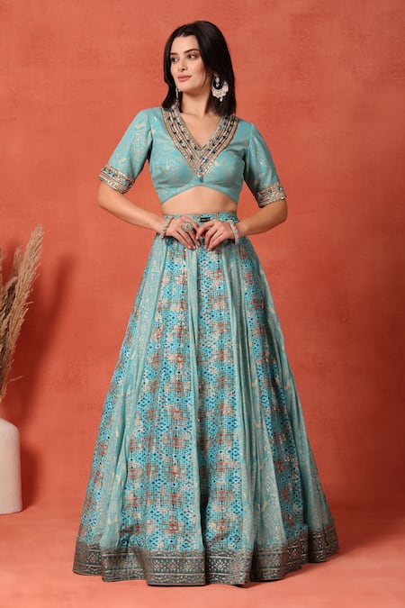 Soniya G_Blue Brocade, Chiffon Beads, Metallic Firoza Foil Work Kalidar Lehenga Set _Online_at_Aza_Fashions