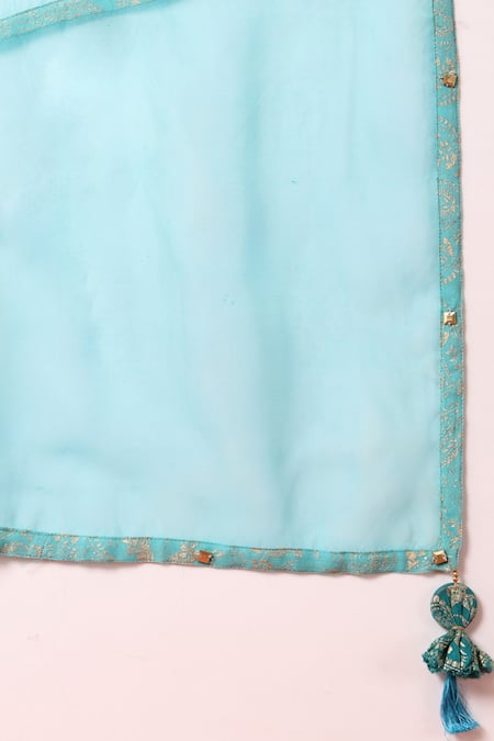 Buy_Soniya G_Blue Brocade, Chiffon Beads, Metallic Firoza Foil Work Kalidar Lehenga Set _Online_at_Aza_Fashions