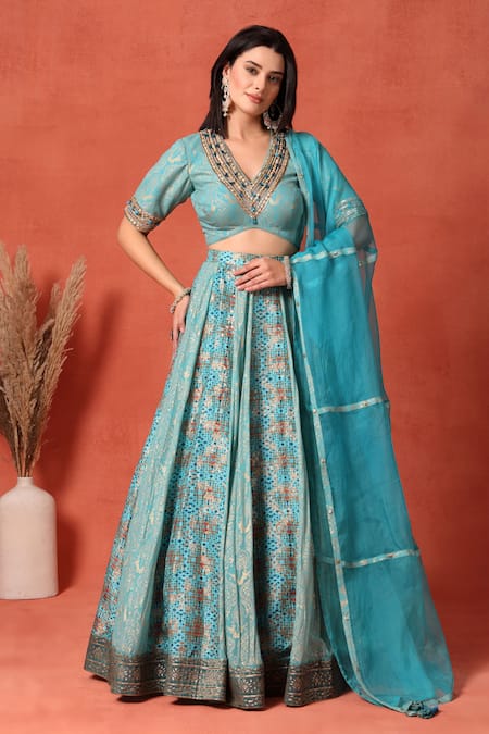 Shop_Soniya G_Blue Brocade, Chiffon Beads, Metallic Firoza Foil Work Kalidar Lehenga Set _Online_at_Aza_Fashions