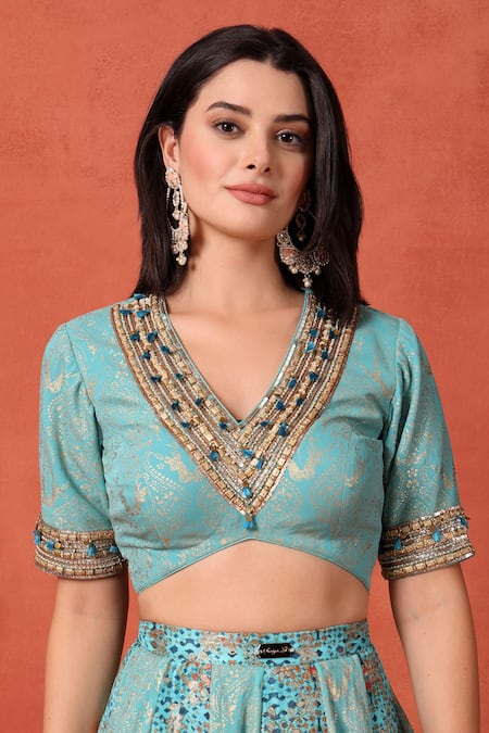 Soniya G_Blue Brocade, Chiffon Beads, Metallic Firoza Foil Work Kalidar Lehenga Set _at_Aza_Fashions