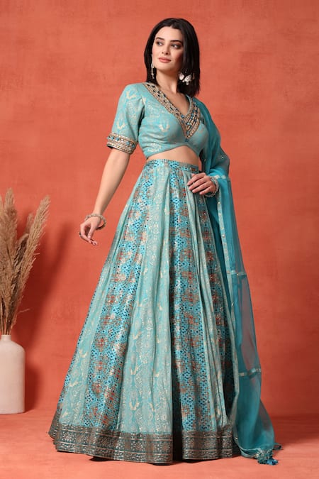 Buy_Soniya G_Blue Brocade, Chiffon Beads, Metallic Firoza Foil Work Kalidar Lehenga Set 