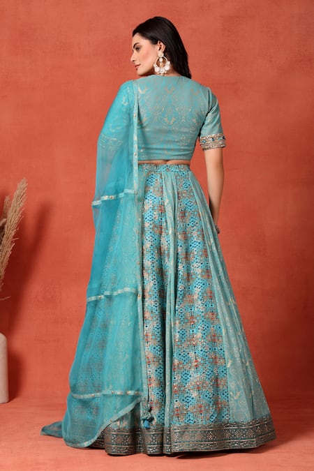 Soniya G Firoza Foil Work Kalidar Lehenga Set 