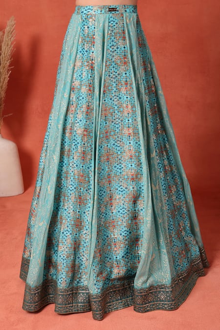 Shop_Soniya G_Blue Brocade, Chiffon Beads, Metallic Firoza Foil Work Kalidar Lehenga Set 