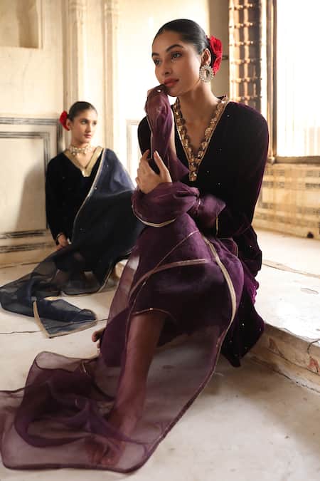 Buy_Trendy Tokari_Purple Velvet, Chiffon Sequins Scoop Neck Embroidered Kurta Set_Online_at_Aza_Fashions