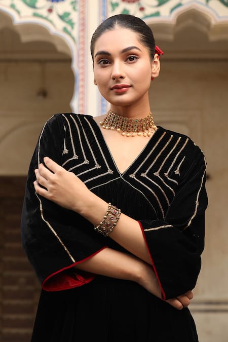 Buy_Trendy Tokari_Black Velvet Cut Work, Embroidery, Sequins V-neck A-line Kurta Set _Online_at_Aza_Fashions