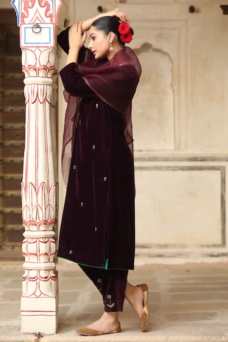 Trendy Tokari_Purple Velvet, Chiffon Cut Work, Embroidery, Sequins, Diamonds Dabka Kurta Set _at_Aza_Fashions