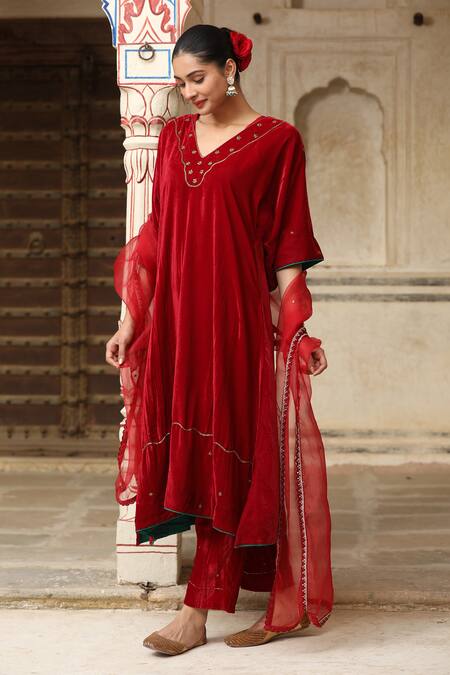Trendy Tokari_Red Velvet Sequins, Embroidery V-neck Kaftan Kurta Set _at_Aza_Fashions