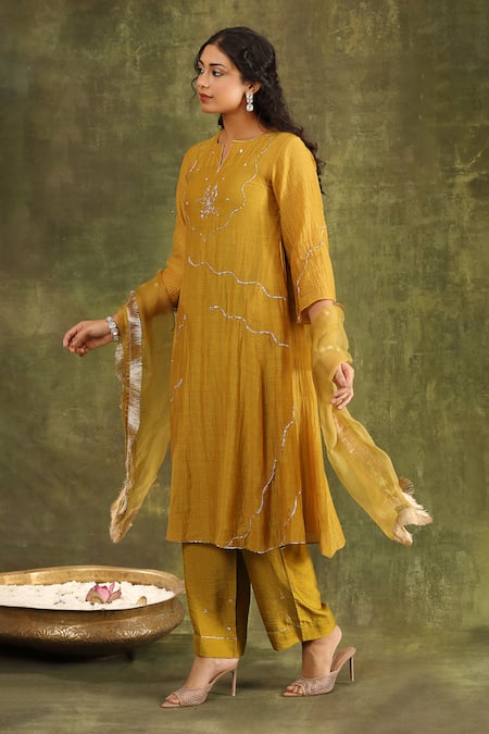 Buy Trendy Tokari Yellow Silk, Organza Embroidery Split V-neck Mustard Pitta Hand Kurta Set Online at Aza Fashions Buy_Trendy Tokari_Yellow Silk, Organza Embroidery Split V-neck Mustard Pitta Hand Kurta Set _Online_at_Aza_Fashions