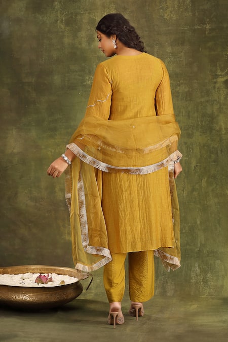 Shop Trendy Tokari Yellow Silk, Organza Embroidery Split V-neck Mustard Pitta Hand Kurta Set at Aza Fashions Shop_Trendy Tokari_Yellow Silk, Organza Embroidery Split V-neck Mustard Pitta Hand Kurta Set _at_Aza_Fashions