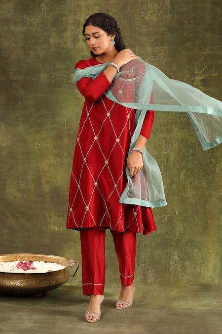 Buy Trendy Tokari Red Silk, Chanderi, Organza Zari, Embroidery Round Neck And Ginni Hand Kurta Set Online at Aza Fashions Buy_Trendy Tokari_Red Silk, Chanderi, Organza Zari, Embroidery Round Neck And Ginni Hand Kurta Set _Online_at_Aza_Fashions