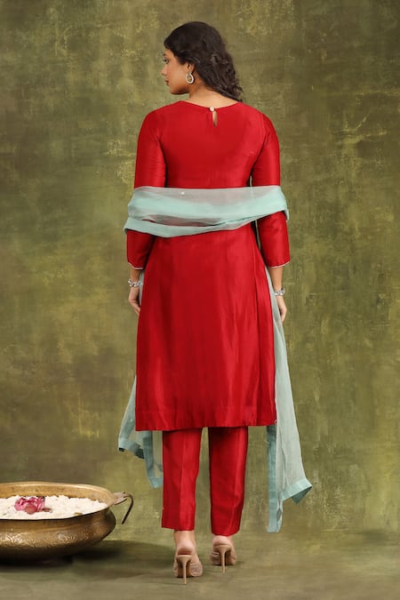 Shop Trendy Tokari Red Silk, Chanderi, Organza Zari, Embroidery Round Neck And Ginni Hand Kurta Set at Aza Fashions Shop_Trendy Tokari_Red Silk, Chanderi, Organza Zari, Embroidery Round Neck And Ginni Hand Kurta Set _at_Aza_Fashions