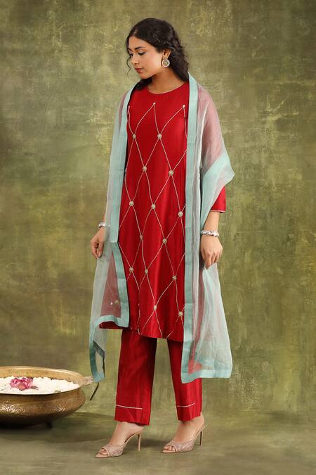 Shop Trendy Tokari Red Silk, Chanderi, Organza Zari, Embroidery Round Neck And Ginni Hand Kurta Set Online at Aza Fashions Shop_Trendy Tokari_Red Silk, Chanderi, Organza Zari, Embroidery Round Neck And Ginni Hand Kurta Set _Online_at_Aza_Fashions