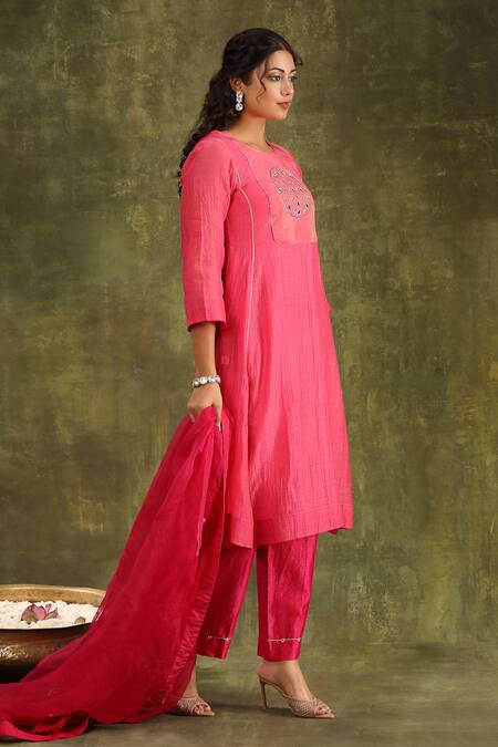 Trendy Tokari Pink Silk, Organza Embroidery, Mirrors Round Neck Hand Kurta Set Online at Aza Fashions Trendy Tokari_Pink Silk, Organza Embroidery, Mirrors Round Neck Hand Kurta Set _Online_at_Aza_Fashions