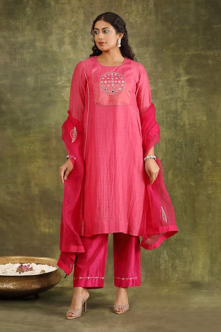 Buy Trendy Tokari Pink Silk, Organza Embroidery, Mirrors Round Neck Hand Kurta Set Online at Aza Fashions Buy_Trendy Tokari_Pink Silk, Organza Embroidery, Mirrors Round Neck Hand Kurta Set _Online_at_Aza_Fashions