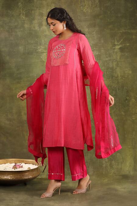 Shop Trendy Tokari Pink Silk, Organza Embroidery, Mirrors Round Neck Hand Kurta Set Online at Aza Fashions Shop_Trendy Tokari_Pink Silk, Organza Embroidery, Mirrors Round Neck Hand Kurta Set _Online_at_Aza_Fashions