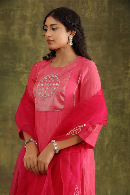 Shop Trendy Tokari Pink Silk, Organza Embroidery, Mirrors Round Neck Hand Kurta Set Shop_Trendy Tokari_Pink Silk, Organza Embroidery, Mirrors Round Neck Hand Kurta Set