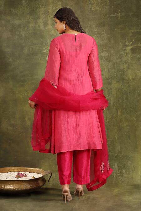 Shop Trendy Tokari Pink Silk, Organza Embroidery, Mirrors Round Neck Hand Kurta Set at Aza Fashions Shop_Trendy Tokari_Pink Silk, Organza Embroidery, Mirrors Round Neck Hand Kurta Set _at_Aza_Fashions