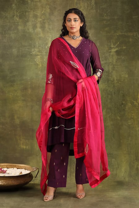 Trendy Tokari_Purple Jacquard, Georgette, Organza, Silk V Hand Embroidered Anarkali Set _Online_at_Aza_Fashions