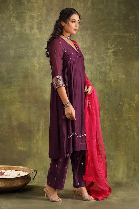 Buy_Trendy Tokari_Purple Jacquard, Georgette, Organza, Silk V Hand Embroidered Anarkali Set _Online_at_Aza_Fashions