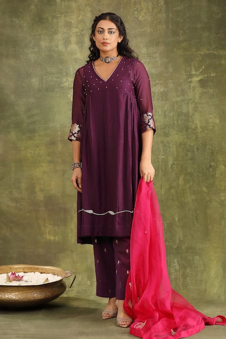 Shop_Trendy Tokari_Purple Jacquard, Georgette, Organza, Silk V Hand Embroidered Anarkali Set _Online_at_Aza_Fashions