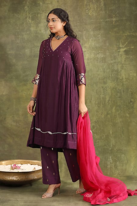 Trendy Tokari_Purple Jacquard, Georgette, Organza, Silk V Hand Embroidered Anarkali Set _at_Aza_Fashions