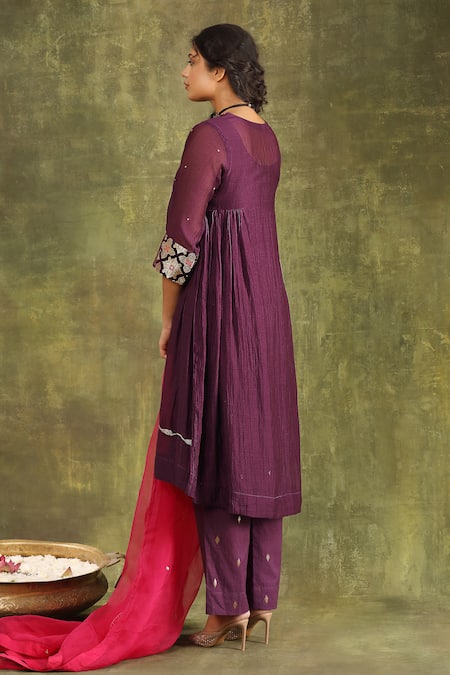 Shop_Trendy Tokari_Purple Jacquard, Georgette, Organza, Silk V Hand Embroidered Anarkali Set _at_Aza_Fashions