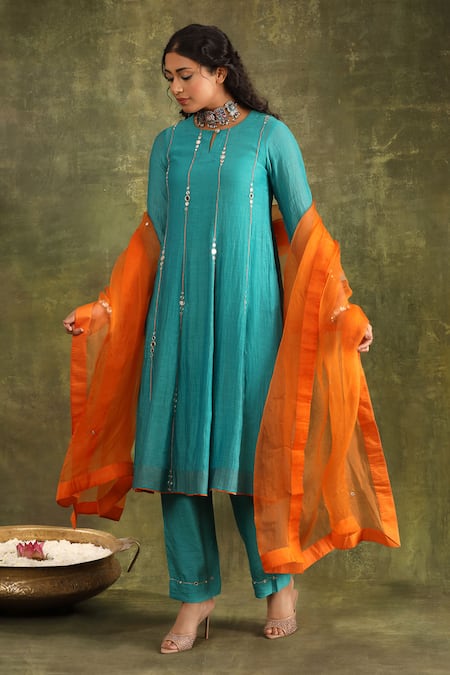Trendy Tokari_Turquoise Silk, Chanderi, Organza Embroidery, Hand Anarkali Set With Dupatta _Online_at_Aza_Fashions